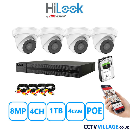 HiLook 8MP CCTV Kit 4 Channel NVR-104MH-C/4P with 4x Turret Cameras IPC-T280H-MUF White 1TB HDD Full Kit