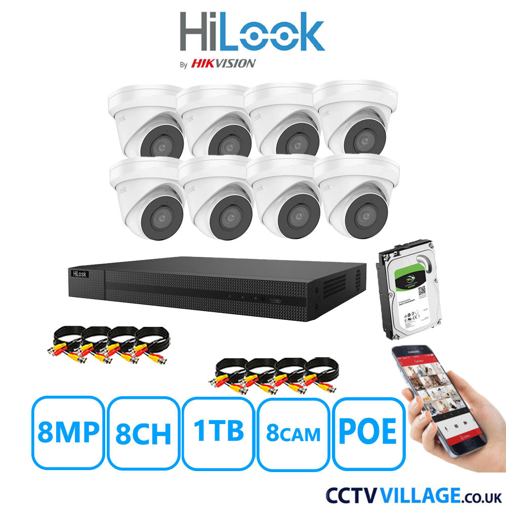 HiLook 8MP CCTV Kit 8 Channel NVR-208MH-C/8P with 8x Turret Cameras IPC-T280H-MUF White 1TB HDD Full Kit