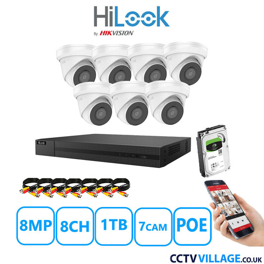 HiLook 8MP CCTV Kit 8 Channel NVR-208MH-C/8P with 7x Turret Cameras IPC-T280H-MUF White 1TB HDD Full Kit