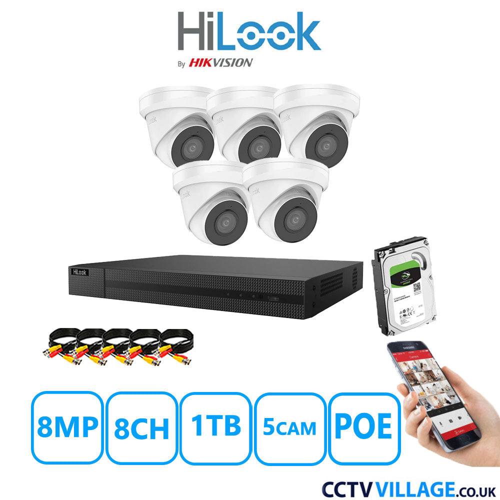 HiLook 8MP CCTV Kit 8 Channel NVR-208MH-C/8P with 5x Turret Cameras IPC-T280H-MUF White 1TB HDD Full Kit