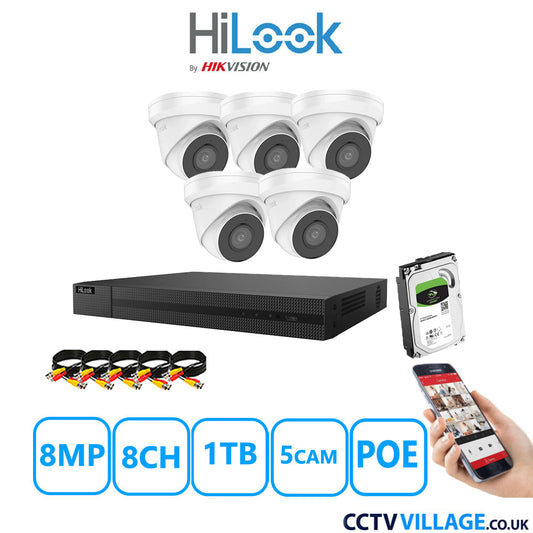 HiLook 8MP CCTV Kit 8 Channel NVR-208MH-C/8P with 5x Turret Cameras IPC-T280H-MUF White 1TB HDD Full Kit