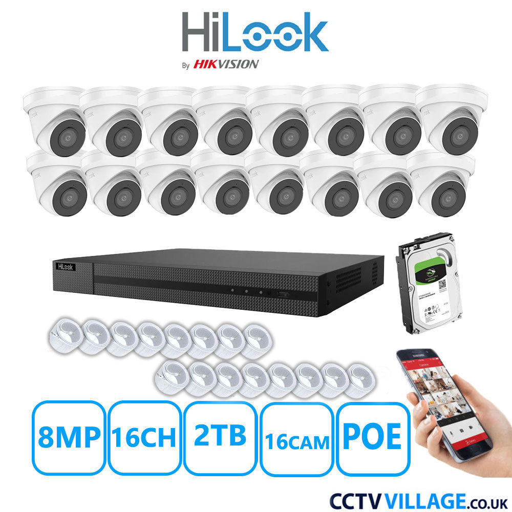 HiLook 8MP IP CCTV System 16 Channel NVR-216MH-C/16P with 16x Turret Cameras IPC-T280H-MUF White 2TB HDD Full Kit