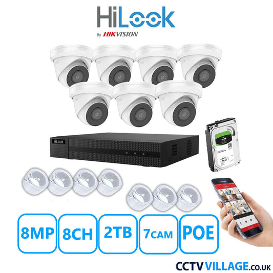 HiLook 8MP IP CCTV System 8 Channel NVR-108MH-C/8P with 7x Turret Cameras IPC-T280H-MUF White 2TB HDD Full Kit