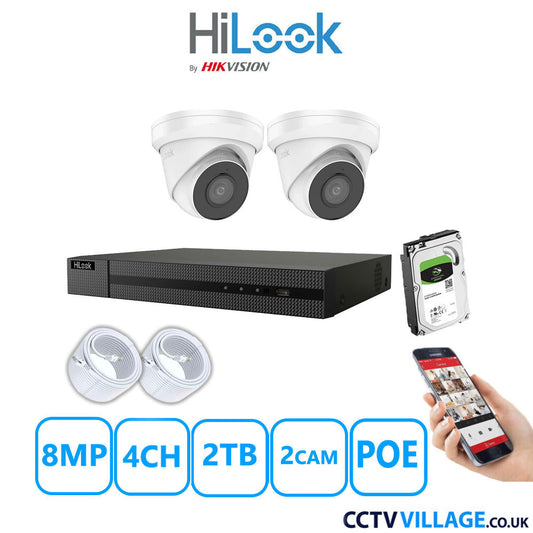 HiLook 8MP IP CCTV System 4 Channel NVR-104MH-C/4P with 2x Turret Cameras IPC-T280H-MUF White 2TB HDD Full Kit