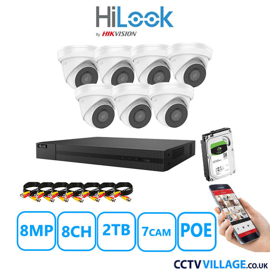 HiLook 8MP CCTV Kit 8 Channel NVR-208MH-C/8P with 7x Turret Cameras IPC-T280H-MUF White 2TB HDD Full Kit