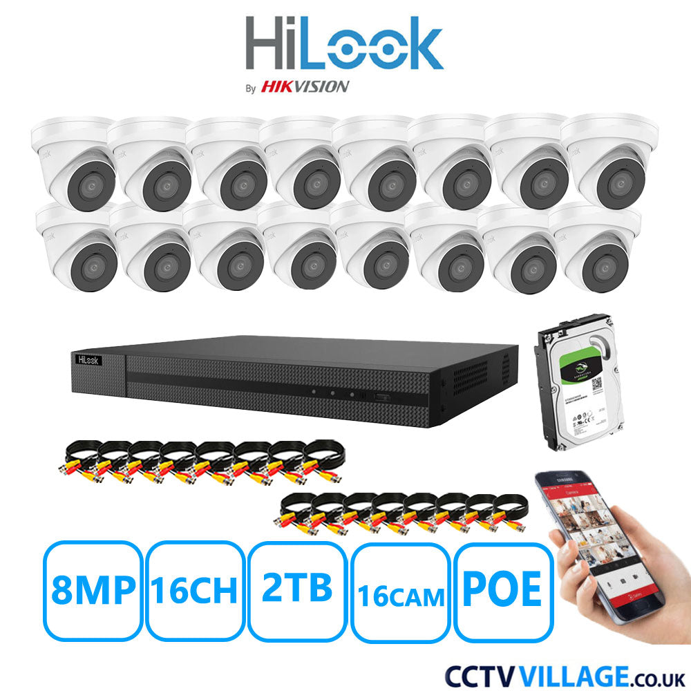 HiLook 8MP CCTV Kit 16 Channel NVR-216MH-C/16P with 16x Turret Cameras IPC-T280H-MUF White 2TB HDD Full Kit