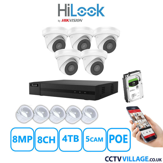 HiLook 8MP IP CCTV System 8 Channel NVR-108MH-C/8P with 5x Turret Cameras IPC-T280H-MUF White 4TB HDD Full Kit