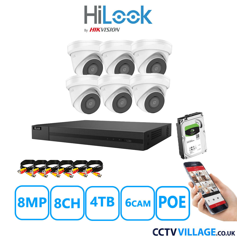 HiLook 8MP CCTV Kit 8 Channel NVR-208MH-C/8P with 6x Turret Cameras IPC-T280H-MUF White 4TB HDD Full Kit