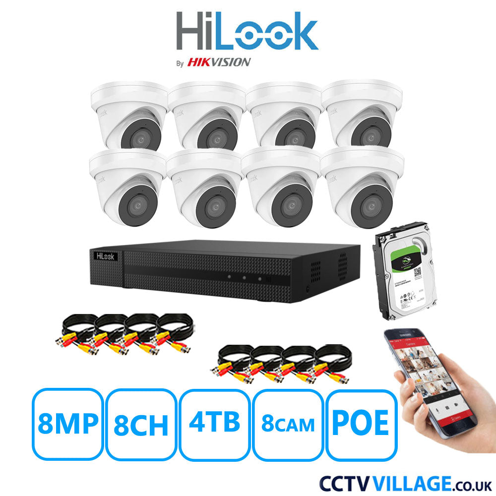 HiLook 8MP CCTV Kit 8 Channel NVR-108MH-C/8P with 8x Turret Cameras IPC-T280H-MUF White 4TB HDD Full Kit