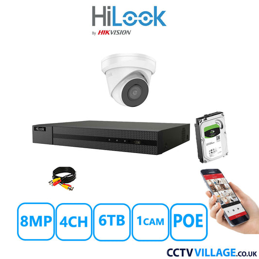 HiLook 8MP CCTV Kit 4 Channel NVR-104MH-C/4P with 1x Turret Camera IPC-T280H-MUF White 6TB HDD Full Kit