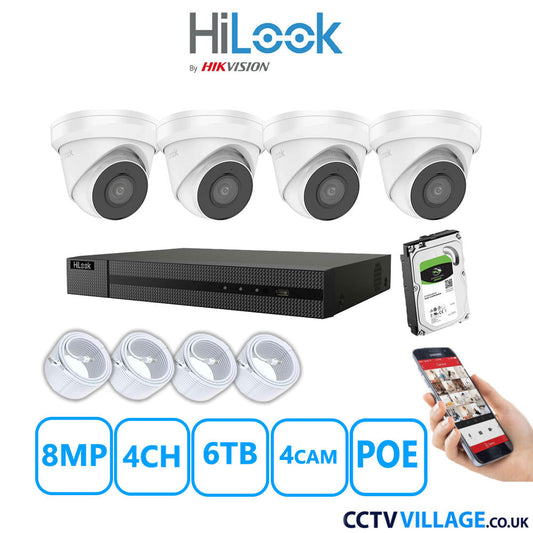 HiLook 8MP IP CCTV System 4 Channel NVR-104MH-C/4P with 4x Turret Cameras IPC-T280H-MUF White 6TB HDD Full Kit