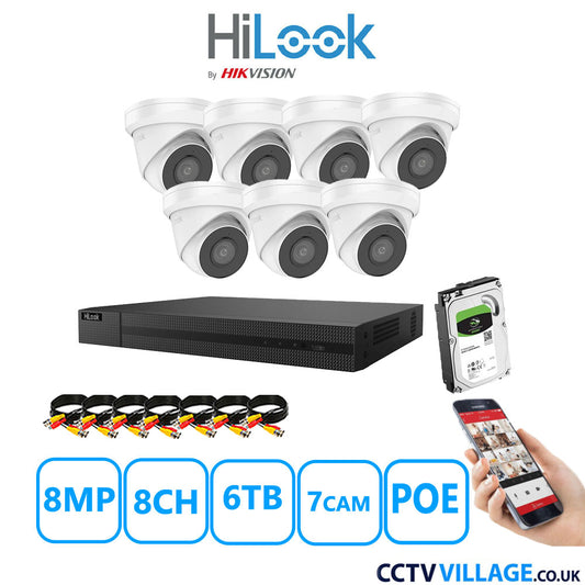 HiLook 8MP CCTV Kit 8 Channel NVR-208MH-C/8P with 7x Turret Cameras IPC-T280H-MUF White 6TB HDD Full Kit