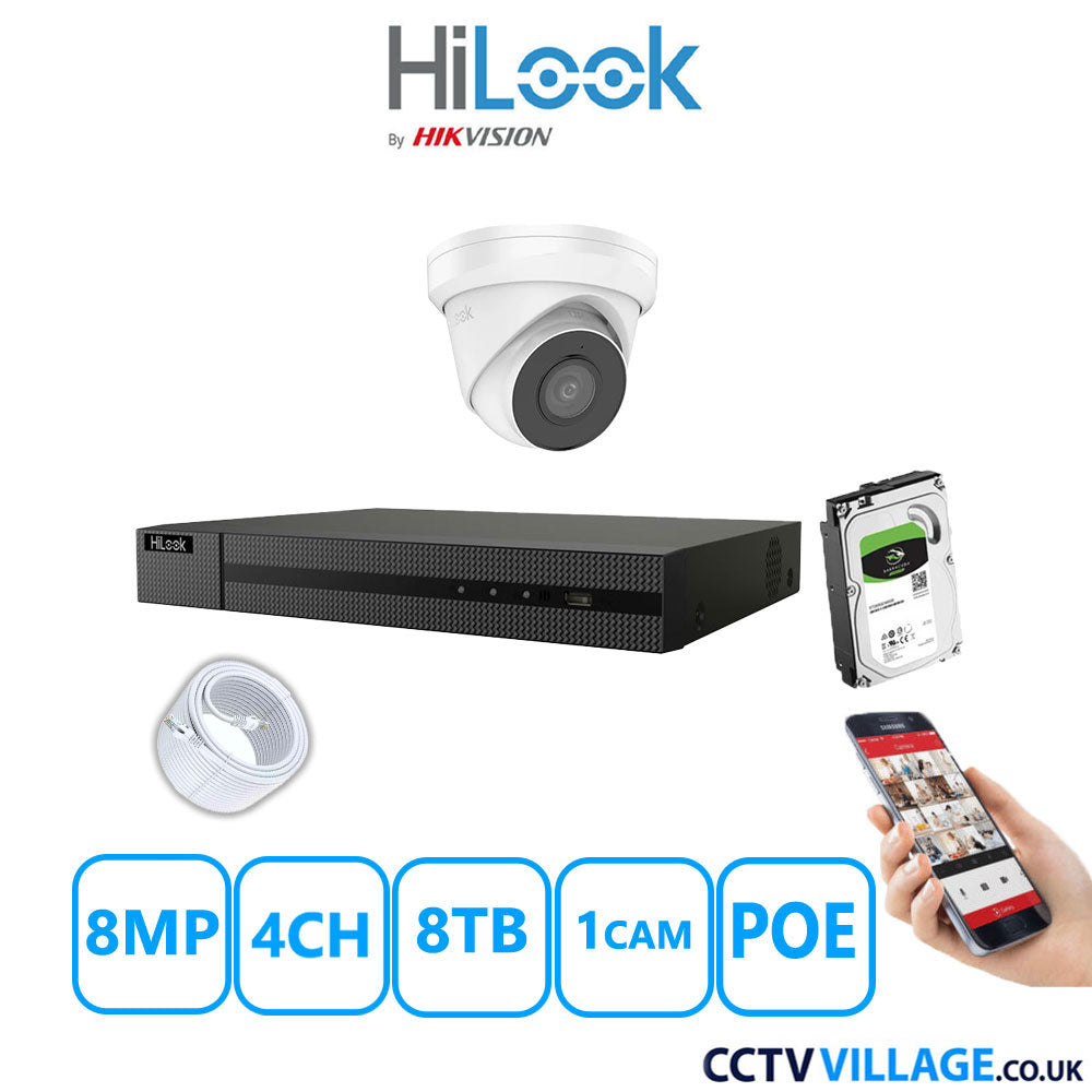 HiLook 8MP IP CCTV System 4 Channel NVR-104MH-C/4P with 1x Turret Camera IPC-T280H-MUF White 8TB HDD Full Kit