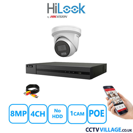 HiLook 8MP CCTV Kit 4 Channel NVR-104MH-C/4P with 1x Turret Camera IPC-T289H-MU White No HDD Full Kit