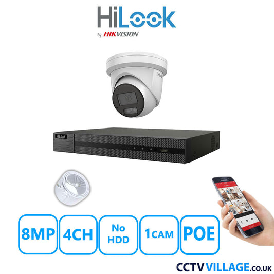 HiLook 8MP IP CCTV System 4 Channel NVR-104MH-C/4P with 1x Turret Camera IPC-T289H-MU White No HDD Full Kit