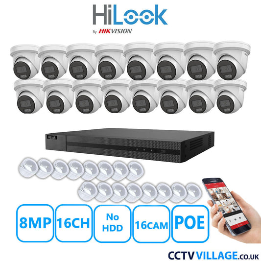 HiLook 8MP IP CCTV System 16 Channel NVR-216MH-C/16P with 16x Turret Cameras IPC-T289H-MU White NO HDD Full Kit