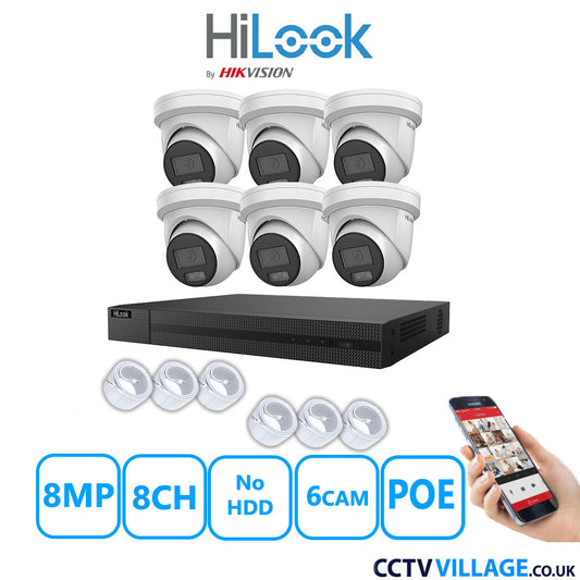 HiLook 8MP IP CCTV System 8 Channel NVR-208MH-C/8P  with 6x Turret Cameras IPC-T289H-MU White No HDD Full Kit