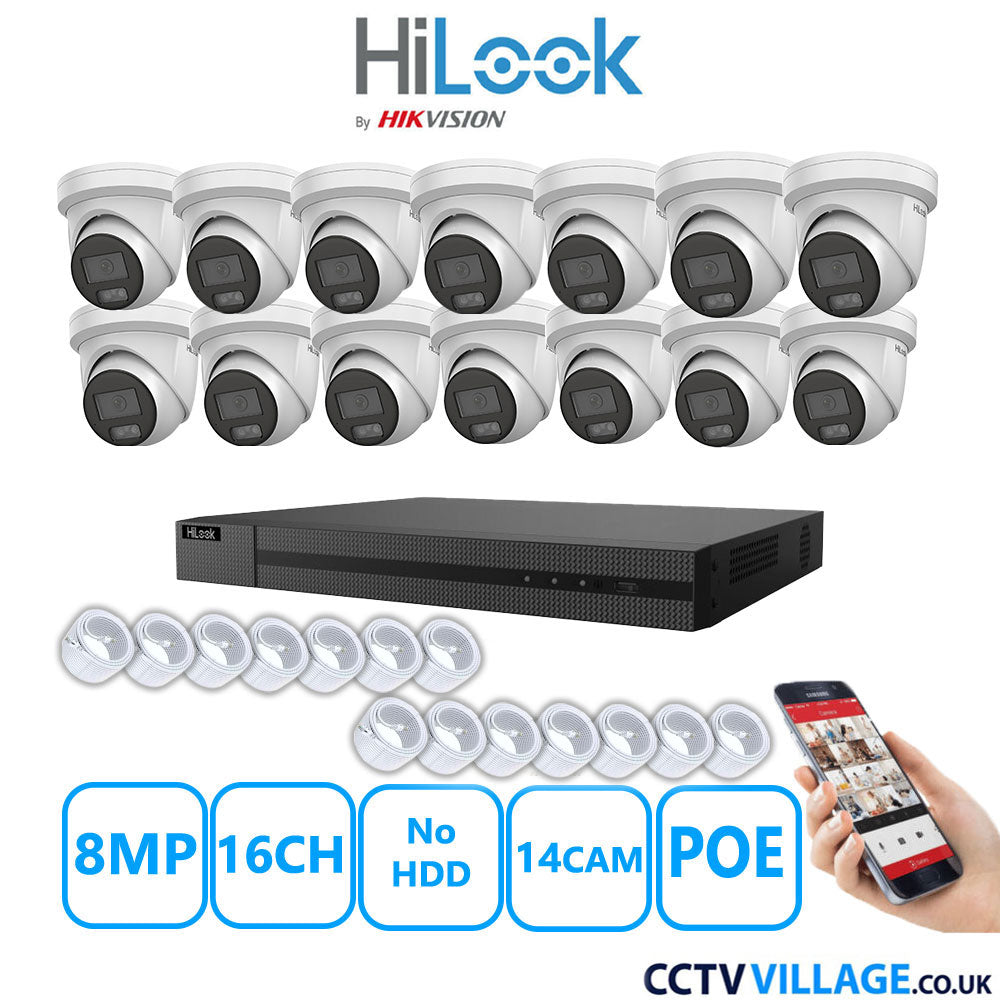 HiLook 8MP IP CCTV System 16 Channel NVR-216MH-C/16P with 14x Turret Cameras IPC-T289H-MU White NO HDD Full Kit