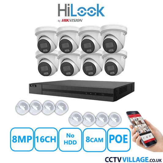 HiLook 8MP IP CCTV System 16 Channel NVR-216MH-C/16P with 8x Turret Cameras IPC-T289H-MU White NO HDD Full Kit