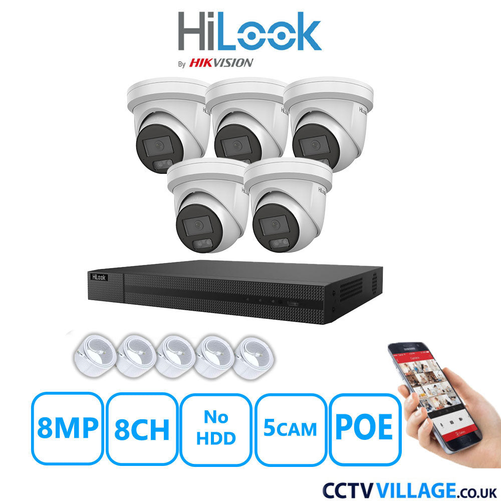 HiLook 8MP IP CCTV System 8 Channel NVR-208MH-C/8P with 5x Turret Cameras IPC-T289H-MU White No HDD Full Kit