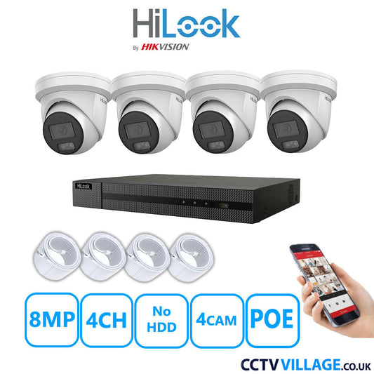 HiLook 8MP IP CCTV System 4 Channel NVR-104MH-C/4P with 4x Turret Cameras IPC-T289H-MU White No HDD Full Kit