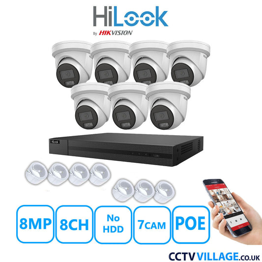 HiLook 8MP IP CCTV System 8 Channel NVR-208MH-C/8P  with 7x Turret Cameras IPC-T289H-MU White No HDD Full Kit