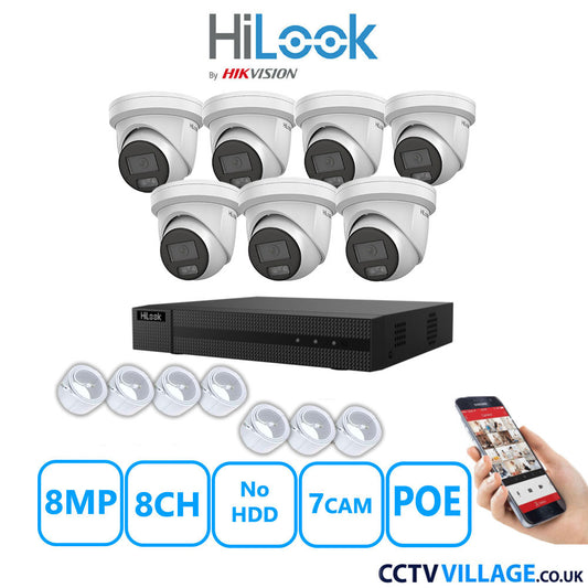 HiLook 8MP IP CCTV System 8 Channel NVR-108MH-C/8P with 7x Turret Cameras IPC-T289H-MU White No HDD Full Kit