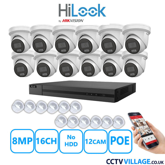 HiLook 8MP IP CCTV System 16 Channel NVR-216MH-C/16P with 12x Turret Cameras IPC-T289H-MU White NO HDD Full Kit