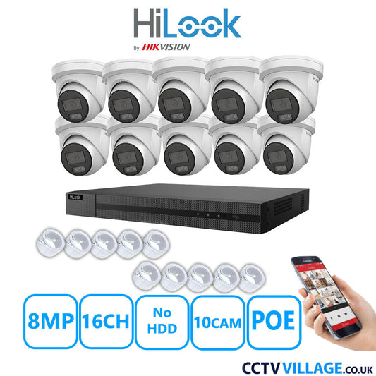 HiLook 8MP IP CCTV System 16 Channel NVR-216MH-C/16P with 10x Turret Cameras IPC-T289H-MU White NO HDD Full Kit