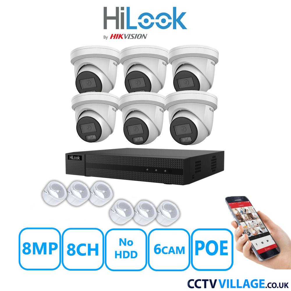 HiLook 8MP IP CCTV System 8 Channel NVR-108MH-C/8P with 6x Turret Cameras IPC-T289H-MU White No HDD Full Kit