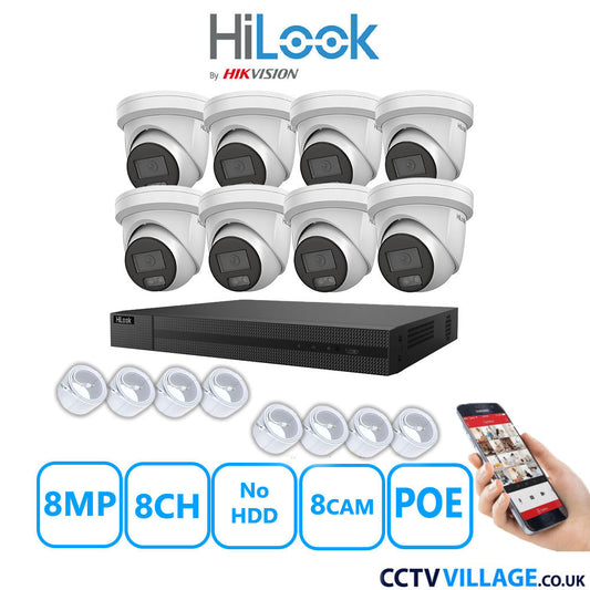 HiLook 8MP IP CCTV System 8 Channel NVR-208MH-C/8P with 8x Turret Cameras IPC-T289H-MU White No HDD Full Kit