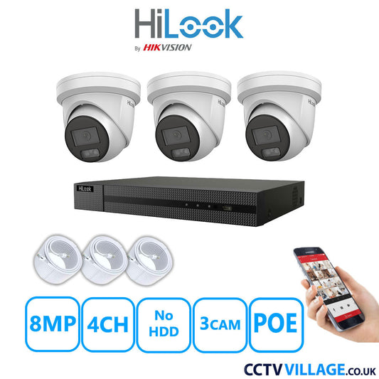 HiLook 8MP IP CCTV System 4 Channel NVR-104MH-C/4P with 3x Turret Cameras IPC-T289H-MU White No HDD Full Kit