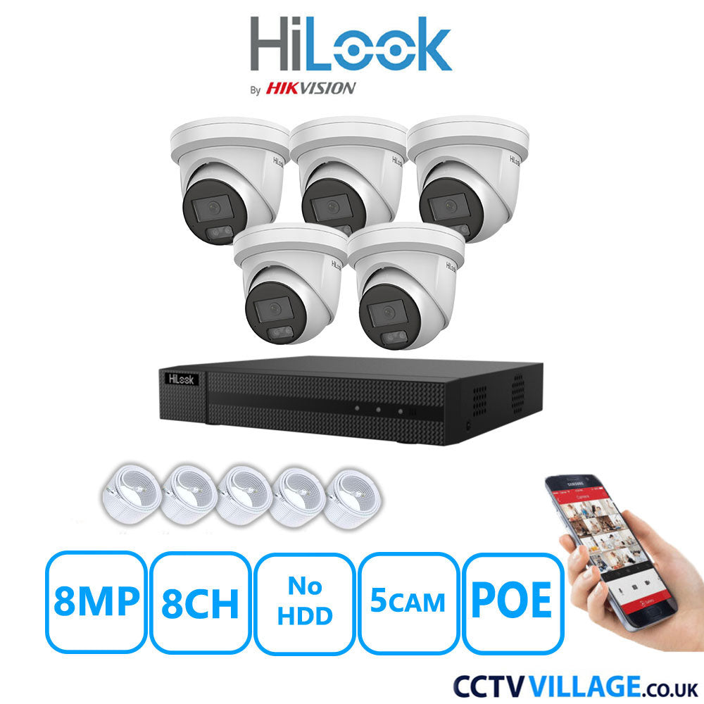 HiLook 8MP IP CCTV System 8 Channel NVR-108MH-C/8P with 5x Turret Cameras IPC-T289H-MU White No HDD Full Kit