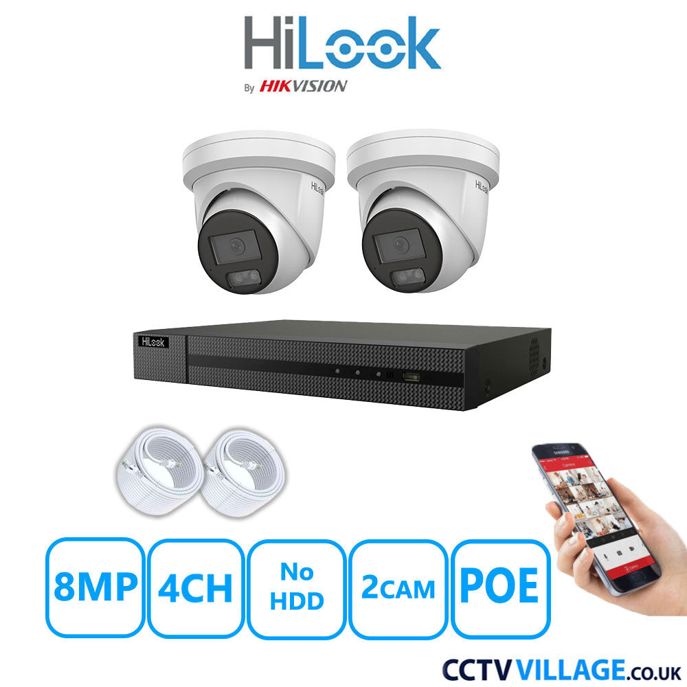 HiLook 8MP IP CCTV System 4 Channel NVR-104MH-C/4P with 2x Turret Cameras IPC-T289H-MU White No HDD Full Kit