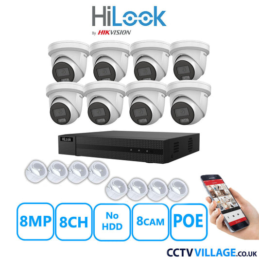 HiLook 8MP IP CCTV System 8 Channel NVR-108MH-C/8P with 8x Turret Cameras IPC-T289H-MU White No HDD Full Kit