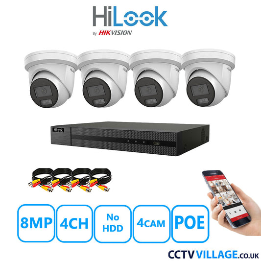 HiLook 8MP CCTV Kit 4 Channel NVR-104MH-C/4P with 4x Turret Cameras IPC-T289H-MU White No HDD Full Kit