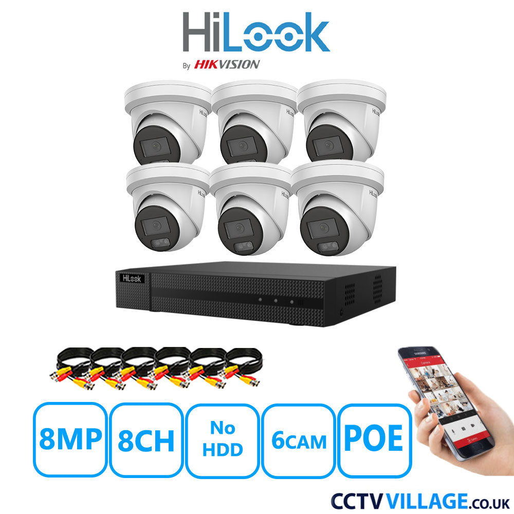 HiLook 8MP CCTV Kit 8 Channel NVR-108MH-C/8P with 6x Turret Cameras IPC-T289H-MU White No HDD Full Kit