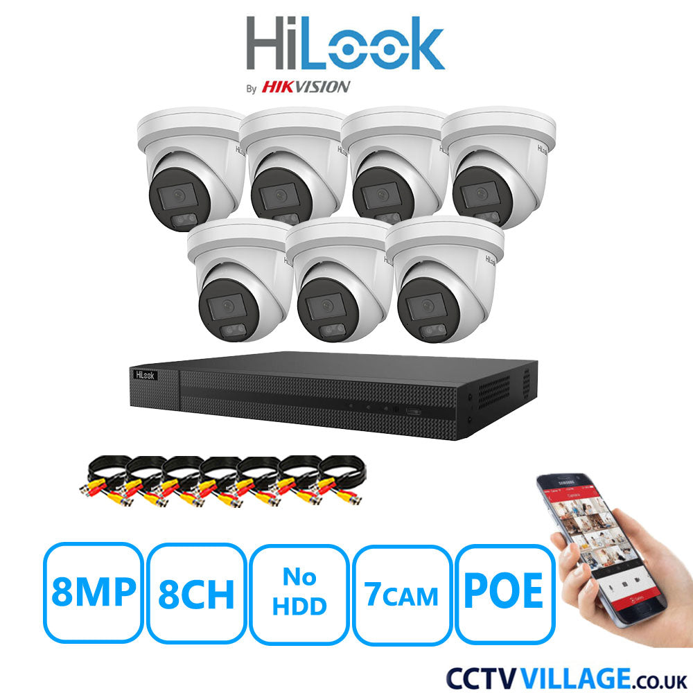 HiLook 8MP IP CCTV System 8 Channel NVR-208MH-C/8P  with 7x Turret Cameras IPC-T289H-MU White No HDD Full Kit