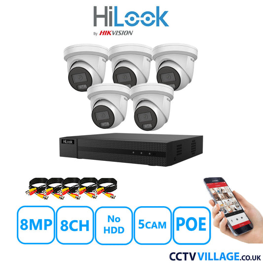 HiLook 8MP CCTV Kit 8 Channel NVR-108MH-C/8P with 5x Turret Cameras IPC-T289H-MU White No HDD Full Kit