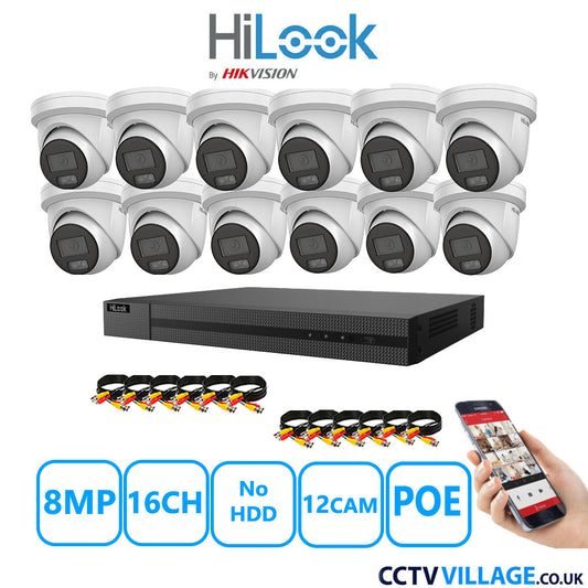 HiLook 8MP CCTV Kit 16 Channel NVR-216MH-C/16P with 12x Turret Cameras IPC-T289H-MU White NO HDD Full Kit