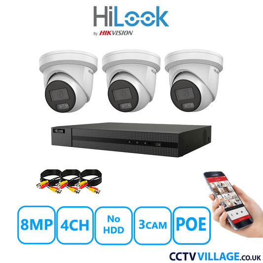 HiLook 8MP CCTV Kit 4 Channel NVR-104MH-C/4P with 3x Turret Cameras IPC-T289H-MU White No HDD Full Kit