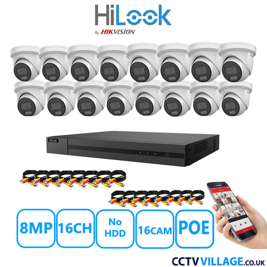 HiLook 8MP CCTV Kit 16 Channel NVR-216MH-C/16P with 16x Turret Cameras IPC-T289H-MU White NO HDD Full Kit