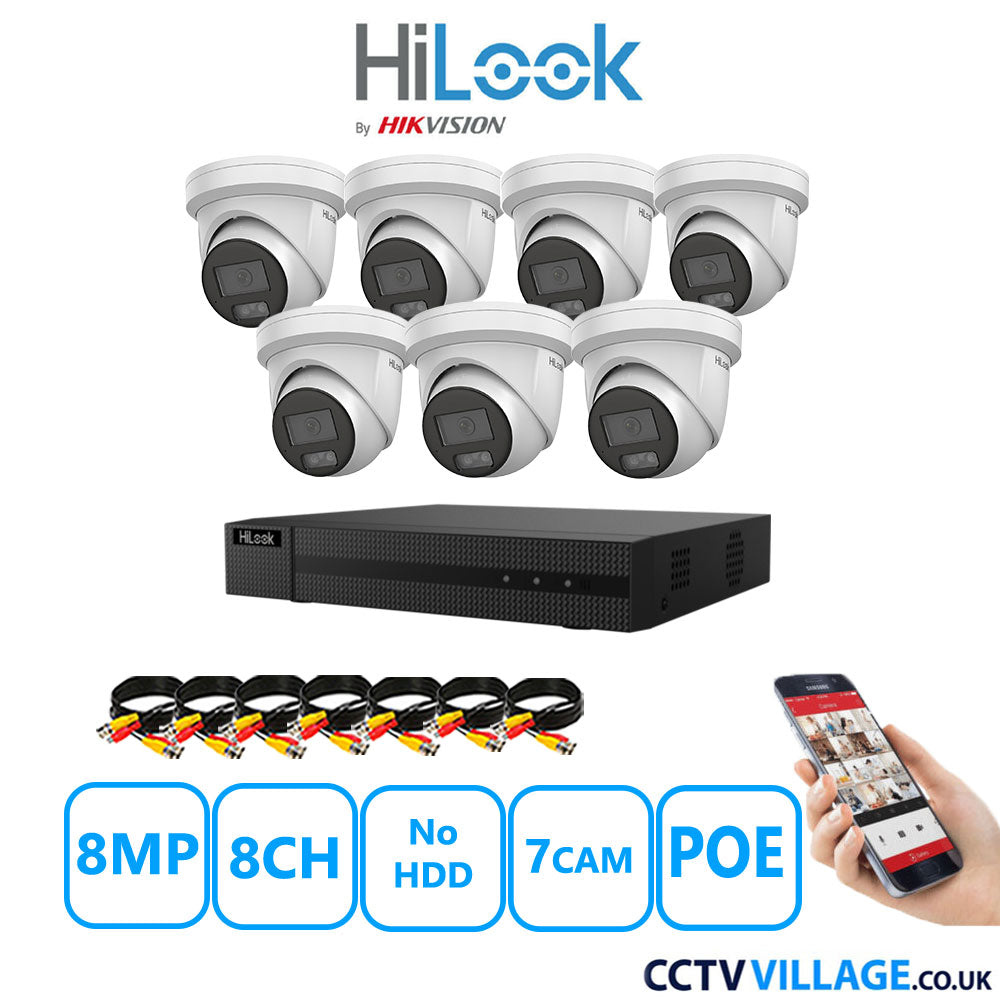 HiLook 8MP CCTV Kit 8 Channel NVR-108MH-C/8P with 7x Turret Cameras IPC-T289H-MU White No HDD Full Kit