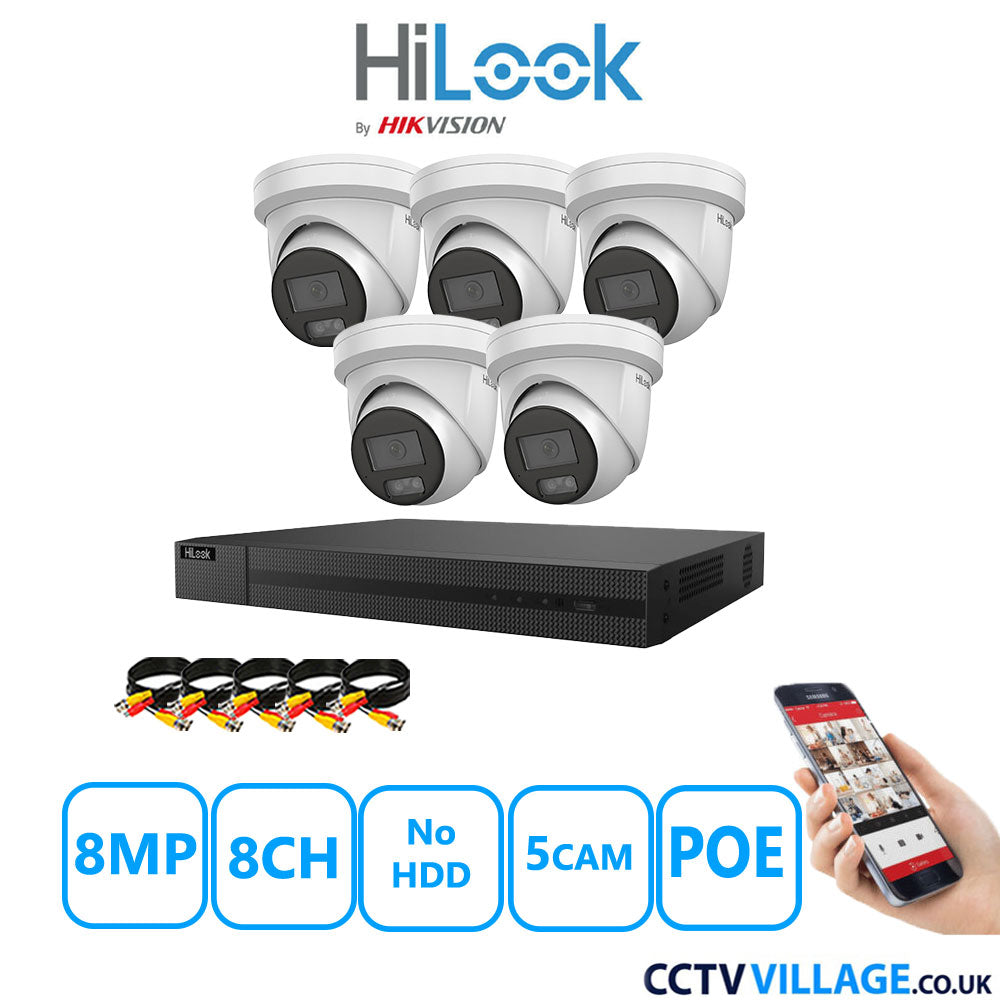 HiLook 8MP IP CCTV System 8 Channel NVR-208MH-C/8P with 5x Turret Cameras IPC-T289H-MU White No HDD Full Kit