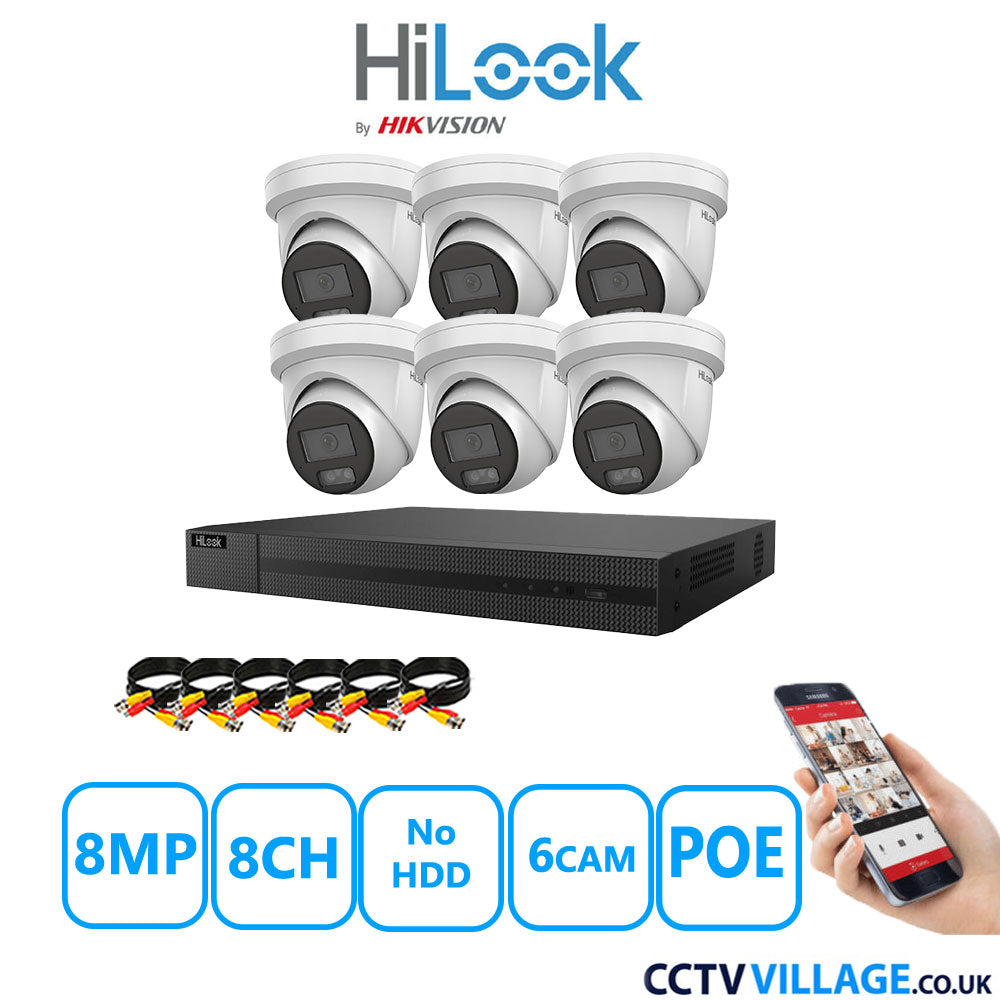 HiLook 8MP IP CCTV System 8 Channel NVR-208MH-C/8P  with 6x Turret Cameras IPC-T289H-MU White No HDD Full Kit