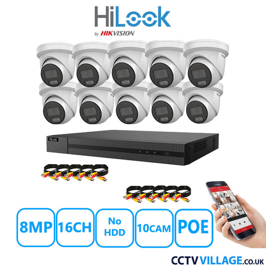 HiLook 8MP CCTV Kit 16 Channel NVR-216MH-C/16P with 10x Turret Cameras IPC-T289H-MU White NO HDD Full Kit