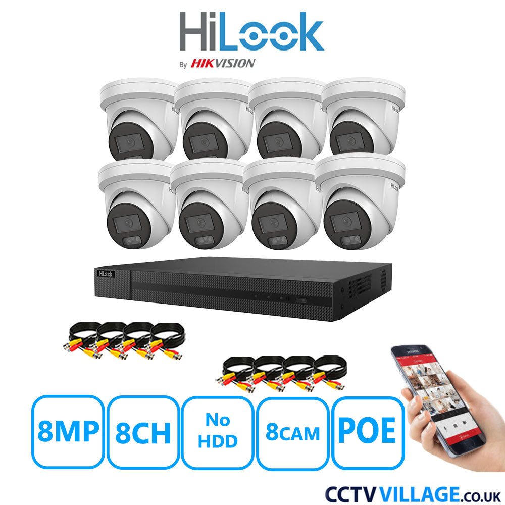 HiLook 8MP IP CCTV System 8 Channel NVR-208MH-C/8P with 8x Turret Cameras IPC-T289H-MU White No HDD Full Kit