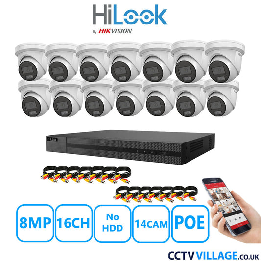 HiLook 8MP CCTV Kit 16 Channel NVR-216MH-C/16P with 14x Turret Cameras IPC-T289H-MU White NO HDD Full Kit