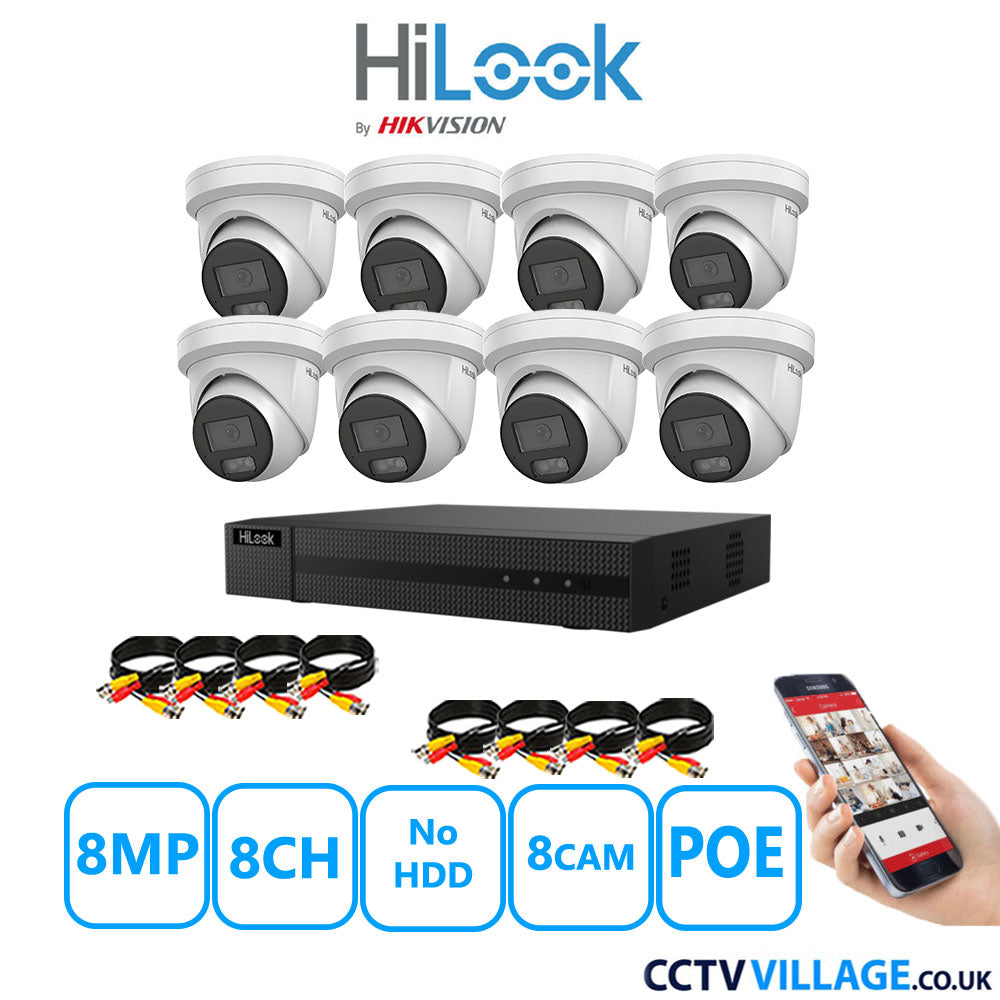 HiLook 8MP CCTV Kit 8 Channel NVR-108MH-C/8P with 8x Turret Cameras IPC-T289H-MU White No HDD Full Kit