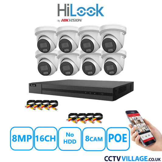 HiLook 8MP CCTV Kit 16 Channel NVR-216MH-C/16P with 8x Turret Cameras IPC-T289H-MU White NO HDD Full Kit